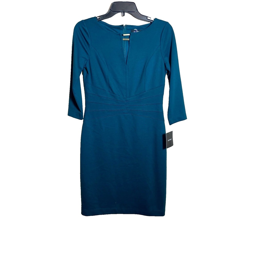 Ellen Tracy Sheath Pencil Dress Womens Size 2 Teal Blue 3/4 Sleeve V-neck‎ NEW
